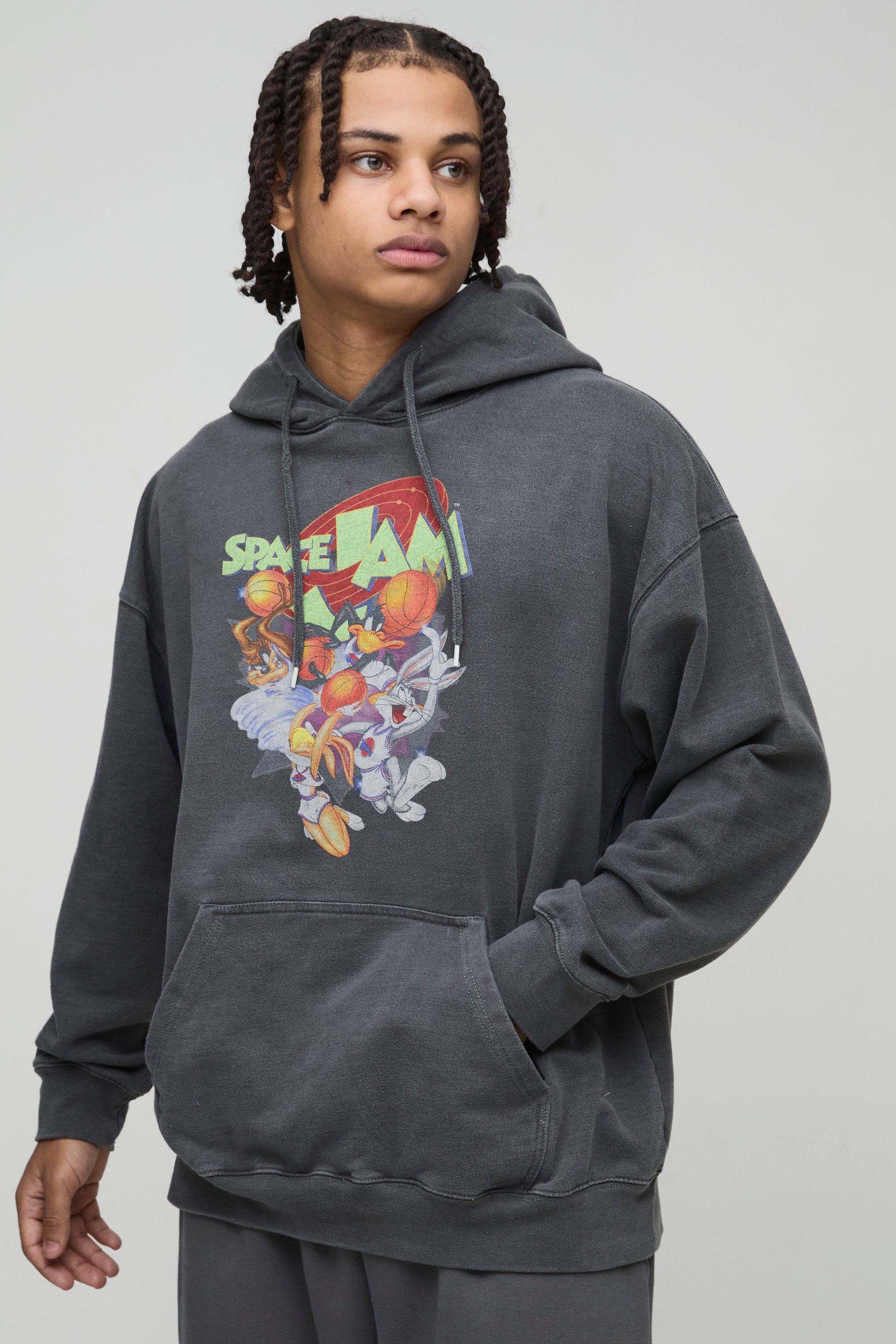 Mens Grey Oversized Space Jam License Print Hoodie, Grey